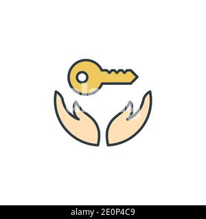 Hand holds home keys icon, color, line, outline vector sign, linear style pictogram isolated on white. Symbol, logo illustration Stock Vector