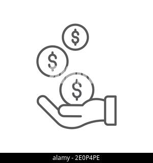 Hand with coins icon, color, line, outline vector sign, linear style pictogram isolated on white. Symbol, logo illustration Stock Vector
