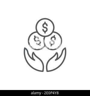 Hand with coins icon, color, line, outline vector sign, linear style pictogram isolated on white. Symbol, logo illustration Stock Vector