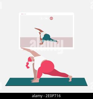 A beautiful bodypositive plus size woman standing in triangle pose and watching online yoga practice on TV or projector. Stay home concept. Home Stock Vector