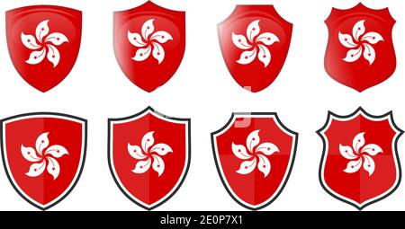 Vertical Hong Kong flag in shield shape, four 3d and simple versions. Stock Vector