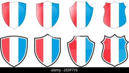 Vertical Luxembourg flag in shield shape, four 3d and simple versions. Stock Vector