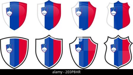Vertical Slovenia flag in shield shape, four 3d and simple versions. Slovene icon / sign Stock Vector