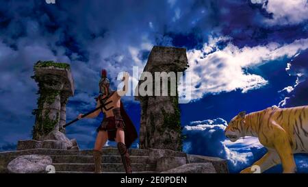 Gladiator warrior fighter in armor fighting a tiger. Ancient Greece or Rome. Columns ruins of a Temple - 3d rendering Stock Photo