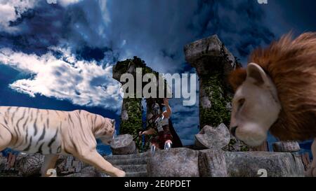 Gladiator warrior fighter in armor fighting a tiger and a lion. Ancient Greece or Rome. Columns ruins of a Temple - 3d rendering Stock Photo