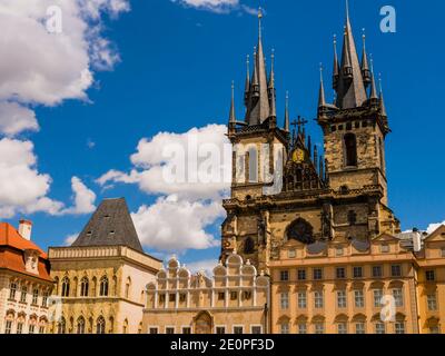 Stunning architectures of Prague old town square with Church of Mother God before Tyn, Czech Republic Stock Photo