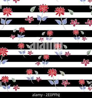 Pale Violet Red flowers on black striped background seamless repeat pattern Stock Vector