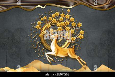 3d brown mural wallpaper . golden circle with deer and branches of flowers . golden waves lines in black background . Stock Photo