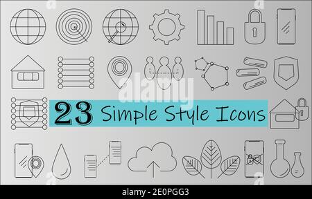 Simple style linear icon vector set including smartphone location settings key cloud globe security home Stock Vector