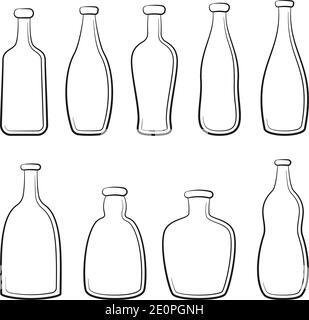 Set of Vintage Bottles, Black Contours Isolated on White Background. Vector Stock Vector