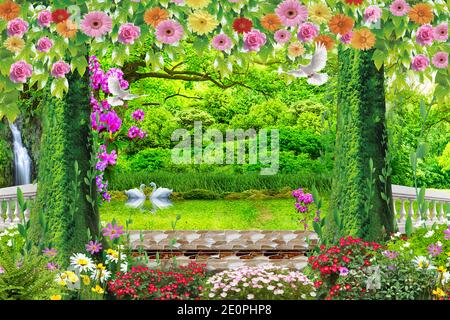3d mural colorful landscape . flowers branches multi colors with trees ...