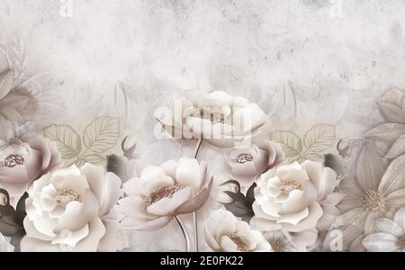 3d mural wallpaper with simple floral background . modern flowers in simple wall Stock Photo