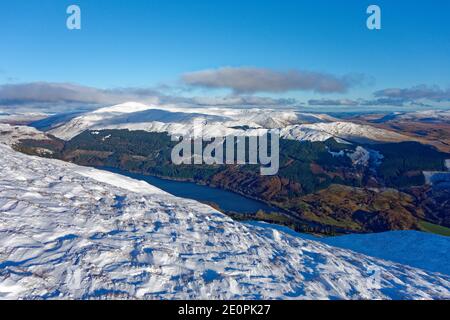 A view of Loch Lubnaig from Ben Ledi, near Callander seen with the winter snow during January 2021 Stock Photo