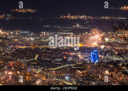 New Year's fireworks over Sofia shot from Vitosha mountain Stock Photo