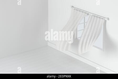 Empty room with blowing curtain, interior background, 3d rendering. Computer digital drawing. Stock Photo