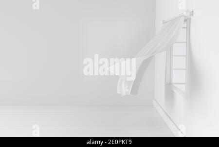 Empty room with blowing curtain, interior background, 3d rendering. Computer digital drawing. Stock Photo