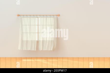 Empty room with blowing curtain, interior background, 3d rendering. Computer digital drawing. Stock Photo