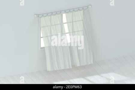 Empty room with blowing curtain, interior background, 3d rendering. Computer digital drawing. Stock Photo