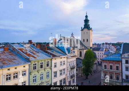 Lviv, Ukraine - August 25, 2020: View on Latin Cathedral in Lviv, Ukraine  from drone Stock Photo