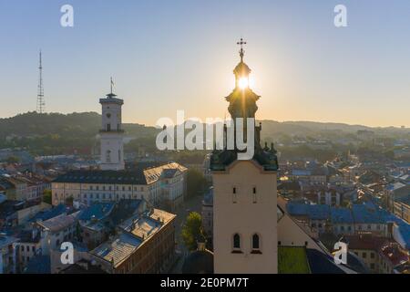 Lviv, Ukraine - August 24, 2020: Aerial view on City Hall and Latin Cathedral in Lviv, Ukraine from drone Stock Photo