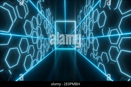 Dark tunnel with glowing neon lines, 3d rendering. Computer digital drawing. Stock Photo