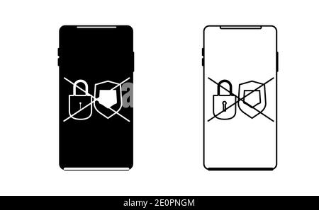 Mobile phone with a no security linear icon vector, black and white version Stock Vector