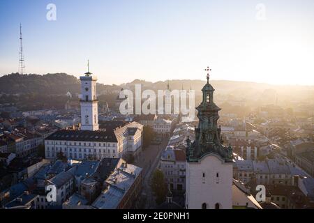 Lviv, Ukraine - August 24, 2020: Aerial view on City Hall and Latin Cathedral in Lviv, Ukraine from drone Stock Photo