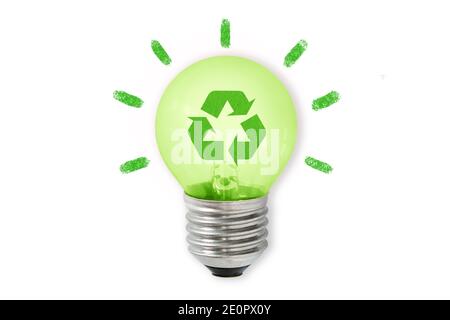 Green light bulb with recycling symbol on white background - Concept of ecology and green energy Stock Photo