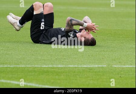 Heidenheim, Germany. 02nd Jan, 2021. Football: 2. Bundesliga, 1. FC Heidenheim - 1. FC Nürnberg, Matchday 14 at Voith Arena. Nuremberg's Manuel Schäffler lies on the turf. Credit: Stefan Puchner/dpa - IMPORTANT NOTE: In accordance with the regulations of the DFL Deutsche Fußball Liga and/or the DFB Deutscher Fußball-Bund, it is prohibited to use or have used photographs taken in the stadium and/or of the match in the form of sequence pictures and/or video-like photo series./dpa/Alamy Live News Stock Photo