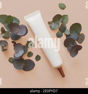 Cosmetic tube with long nozzle and bronze screw cap. Mock-up. Craft background with green eucalyptus. Face and eye cream squeeze. Space for a text. Stock Photo