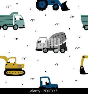 Cute childish seamless pattern with construction machines and abstract elements around. Hand drawn Scandinavian pattern vector illustration with textu Stock Vector