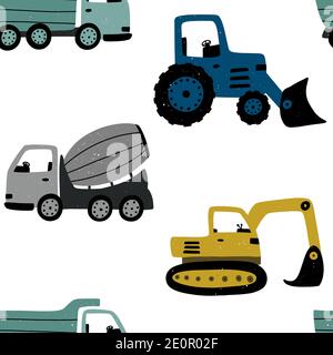 Cute construction machines seamless pattern for boys. Perfect for textile, fabrics and apparel. Scandinavian style vector illustration. Stock Vector