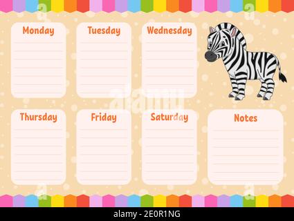 School schedule. Timetable for kids. Empty template. Weekly planer with notes. Isolated color vector illustration. Funny character. Cartoon style. Stock Vector