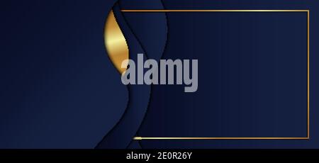 Abstract blue gradient color wave shape with gold stripes and frame overlap layers on dark blue background. Vector illustration Stock Vector