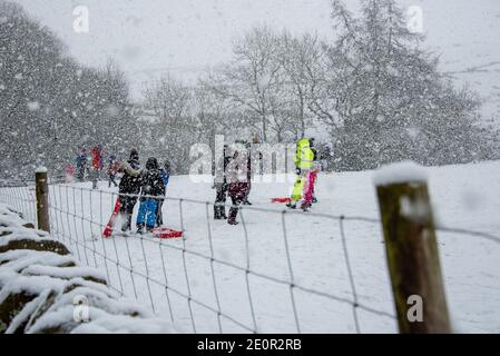 Downham, Clitheroe, Lancashire, UK. 2nd Jan, 2021. A snow storm on Pendle Hill near Downham, Clitheroe, Lancashire surprised people sledging and walkers . Credit: John Eveson/Alamy Live News Stock Photo