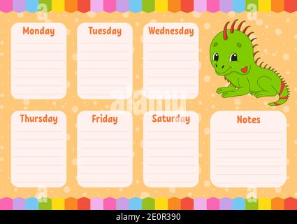 School schedule. Timetable for kids. Empty template. Weekly planer with notes. Isolated color vector illustration. Funny character. Cartoon style. Stock Vector