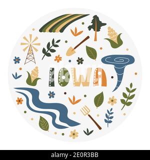 USA collection. Vector illustration of Iowa theme. State Symbols - round shape Stock Vector