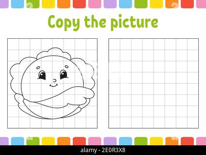 Copy the picture. Coloring book pages for kids. Education developing worksheet. Game for children. Handwriting practice. Funny character. Cute cartoon Stock Vector