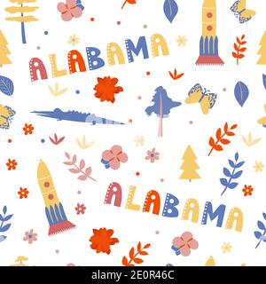 USA collection. Vector illustration of Alabama theme. State Symbols - seamless pattern Stock Vector