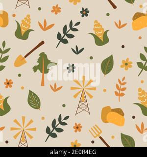 Seamless farm pattern background - growing corn and potatoes Stock Vector