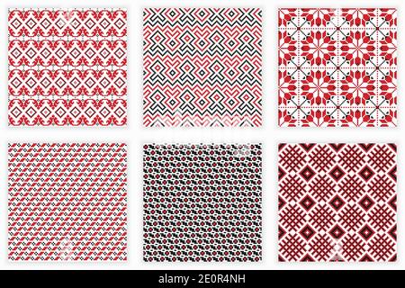 Slavic geometric ornament. Vector illustration of traditional folk embroidery seamless patterns set for your design Stock Vector