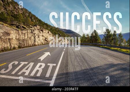 Concept of start, move forward Start text written on the road