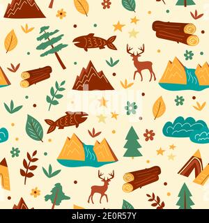 Graphic illustration seamless pattern with trees and mountains. Hand drawn vector texture for kids Stock Vector
