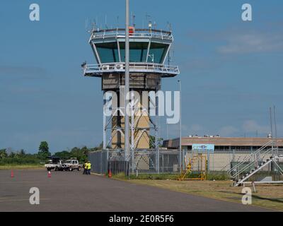 Airport control tower at Nadzab Airport in Lae, the capital of Morobe Province and the second largest city of Papua New Guinea. Stock Photo