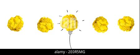 Creativity inspiration, ideas concepts with lightbulb from paper crumpled ball