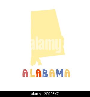 USA collection. Map of Alabama - yellow silhouette. Doodling style lettering Stock Vector