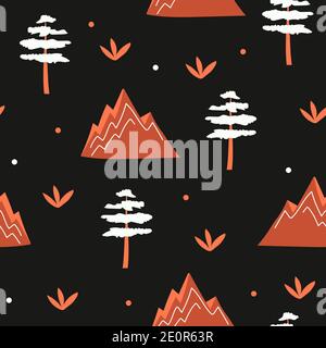 Seamless pattern of mountains, trees - orange on black background. Vector scandinavian children illustration. For banner, card, textile Stock Vector