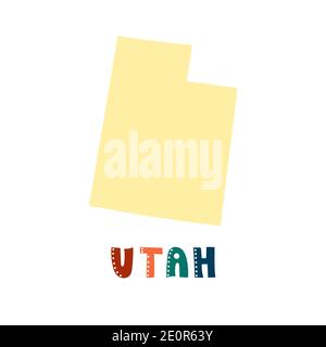 USA collection. Map of Utah - yellow silhouette. Doodling style lettering Stock Vector
