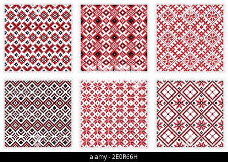 Slavic geometric ornament. Vector illustration of traditional folk embroidery seamless patterns set for your design Stock Vector