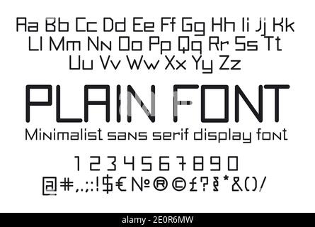 Straight linear font, uppercase and lowercase sans serif typography, numerals and symbols, soft and light minimalistic stencil letters for signs and a Stock Vector